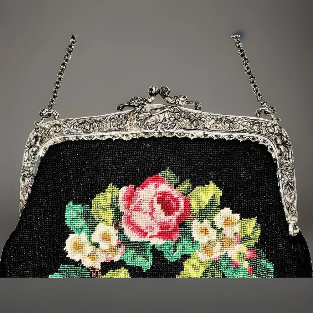 1920s Needlepoint Purse Floral Rose Silver Repousse Frame Micro Petit Point